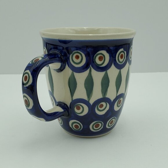 Polish Pottery Peacock Leaves Mug Peacock Blue Circles Green Stripes Mugs - Picture 4 of 7